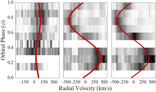 Trailed spectra for the Mg ii line (4481 Å, left) and the K i lines ($12\, 432/12\, 522$ Å, middle and right). Overplotted are the best fit models (black) along with their uncertainties (red).