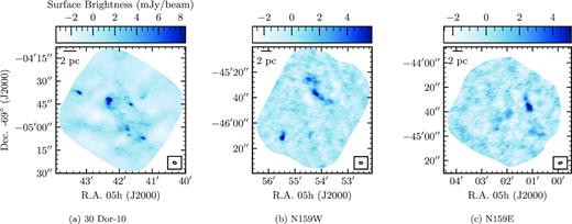Dust-only maps of (a) 30 Dor-10, (b) N159W and (c) N159E made from the combination of 3.2- and 1.3-mm ALMA observations. Contamination from free-free emission has been removed from these maps using equation (6).