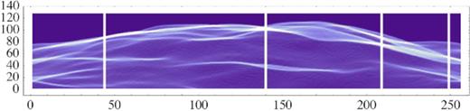 Simulated map, obtained by a single realization of a spherical sheet with random radial fluctuations (see the text for details) and shown in projection. The four vertical stripes have been chosen among those containing the brightest portions of filaments, and the profiles for them are displayed in Fig. 18. The coordinate units, being arbitrary, are expressed here just in pixels.