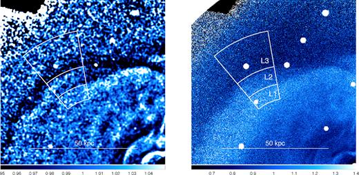 Same as Fig. 1, zoomed in on the double-layered structure. White partial annuli denote the regions along which the surface brightness profile and X-ray spectra are extracted.