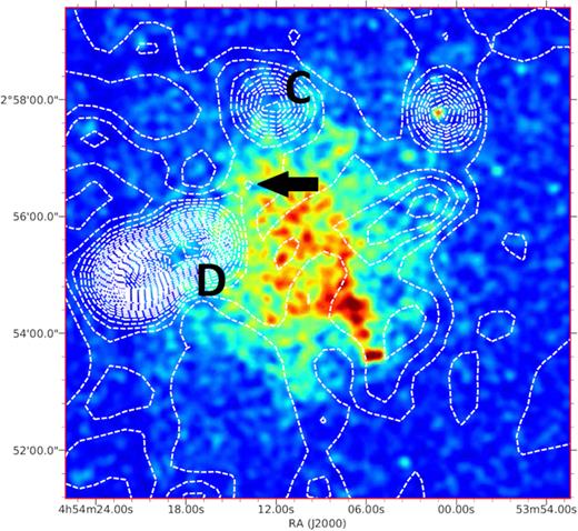 X-ray image from Chandra with NVSS contours overlapped (white); the black arrow indicates the peak of the NVSS map close to the P2 region; labels C and D are for radio galaxies as in Vacca et al. (2014).