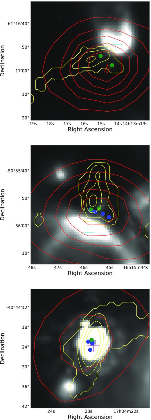 Three GLIMPSE 8 $\mu$m images presenting regions of possible triggered star formation. Each panel presents an 8 $\mu$m image overlaid with NH3 and ATLASGAL emission contours in yellow and red, respectively. The contours levels are equivalent to those in Fig. 1. MYSOs and H ii regions identified by the RMS survey are show with magenta and cyan crosses, respectively. Methanol and water maser positions are marked with green and blue filled circles, respectively.