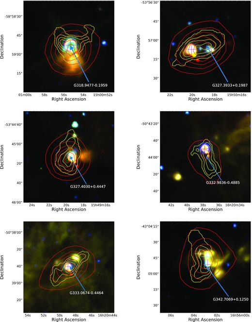 Example maps of early star-forming regions, presented in each panel is a three-colour GLIMPSE image overlaid with NH3 emission and ATLASGAL dust emission contours in yellow and red, respectively, the contours levels are equivalent to those in Fig. 1. The wavelengths for the RGB channels are 8, 4.5, and 3.4 $\mu$m, respectively. MYSOs and H ii regions identified by the RMS survey are shown with magenta and cyan crosses, respectively. Clump positions and names are shown with blue arrows and white labels. GLIMPSE images for the remaining 12 ESF fields can be found in the appendix.