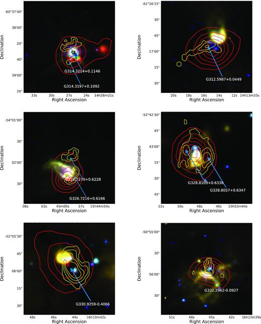 Image details are the same as for Fig. 6, but for a sample of late star-forming regions. GLIMPSE images for the remaining 10 LSF regions can be found in the appendix.