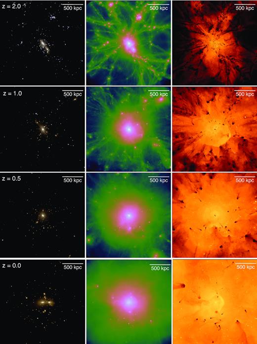 Evolution of gas and stars in romulusc. Four snapshots of romulusc taken (from the top) at z = 2, 1, 0.5, and 0 showing stars (left-hand side), gas column density (middle), and gas temperature (right-hand side). The temperature is averaged along the line of sight and weighted by ρ2. All of the plots show the same physical region encompassing what will be R200 at z = 0 (the scales are also in physical units). The stars are shown in UVJ colours assuming a Kroupa IMF. The density ranges from 1 × 10−5 g cm−2 (blue/black) to 0.1 g cm−2 (pink/white). The temperature ranges from 5 × 104 K (black) to 5 × 108 K (yellow). At early times there are a lot of cold gas filaments penetrating the halo, which triggers more star formation in cluster galaxies. At later times, the halo is massive enough to prevent such filaments from penetrating far into the halo. Ram pressure stripping is evident in the extended tails of cold gas in the cluster galaxies. At z = 0 there are two galaxies interacting near the centre. The less massive of the two, which makes its first pericentre passage into the centre of the cluster around z = 0.17, is half the stellar mass of the BCG and comes from a halo one eighth the mass of the main halo.