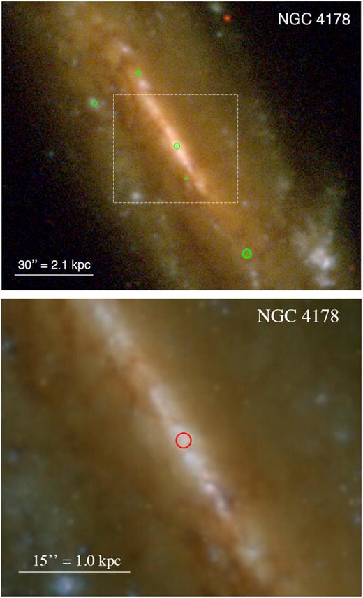 Top panel: SDSS image of NGC 4178 (red = i filter; green = g filter; blue = u filter), with Chandra/ACIS-S contours (0.3–7.0 keV band) overlaid in green. North is up; east is to the left. Bottom panel: zoomed-in view of the nuclear region, from the Next Generation Virgo-cluster Survey, with the position of the Chandra nuclear source overlaid as a red circle (radius 1 arcsec).