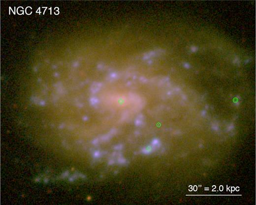 SDSS image of NGC 4713, with Chandra/ACIS-S contours overlaid in green. North is up; east is to the left.