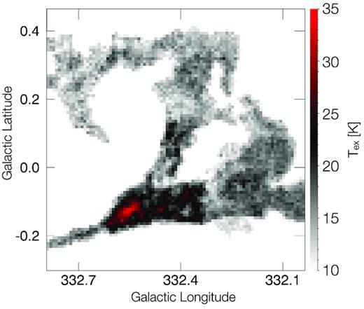 Map of Tex as derived from the 12CO peak emission for each line of sight. The maximum value is ∼35 K.