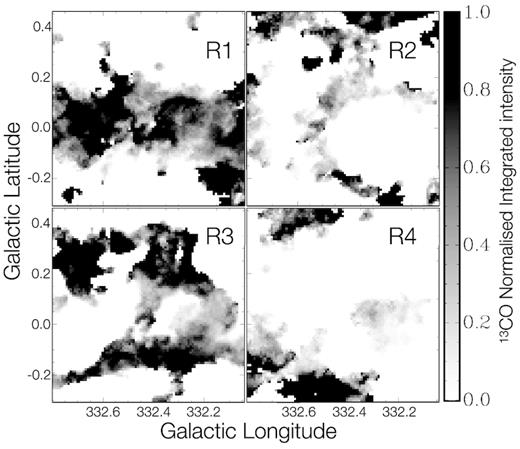 Normalized 13CO integrated intensity map belonging to the defined velocity ranges as in Section 10.1. Each pixel represents the multiplication factor applied to the corresponding pixel in the dust derived N(H2) map; thus it is possible to obtain a fractional molecular hydrogen column density traced by dust for each velocity range.