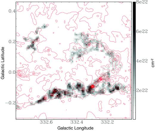 Molecular hydrogen column density from C18O and in red contours N(H2) traced by dust as per Fig. 13.