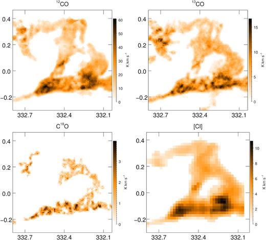 Integrated intensity maps of CO lines ($\mathrm{T}_{\mathrm{A}}^*$) and C i (Tmb) over the velocity range $-55\, \mathrm{km\, s}^{-1} \lt$VLSR$\lt -44\, \mathrm{km\, s}^{-1}$. Axes are Galactic with the x and y indicating longitude and latitude, respectively.