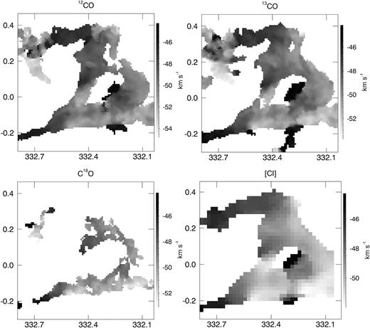 Velocity centroid maps of the emission for each line derived from the first moment map.