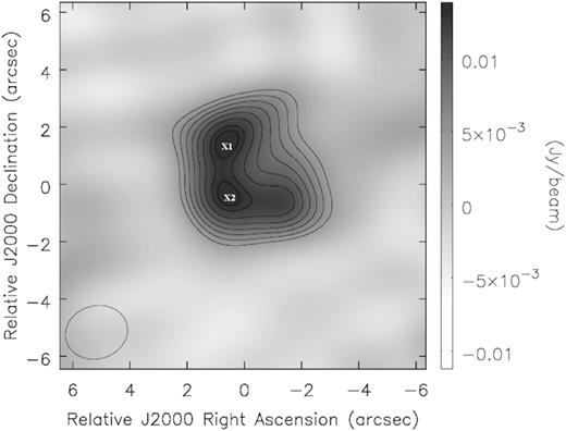 Continuum emission at 345 GHz of Frosty Leo. The solid white contours are drawn in steps of 10 per cent starting at 30 per cent of the peak emission and the wedge on the right indicates the continuum flux in Jy beam−1. The peak fluxes corresponding to the two bright lobes are marked as ‘x1’ with a flux of 14.2 mJy beam−1 and ‘x2’ with a flux of 14.4 mJy beam−1. The negative contours are shown as dash lines. Coordinates of the origin are $\alpha ({\rm J 2000})=09^{\rm h}39^{\rm m}53{^{\rm s}_{.}}959$, δ(J2000) = +11°58′52${^{\prime\prime}_{.}}$60. North is up and east is left.