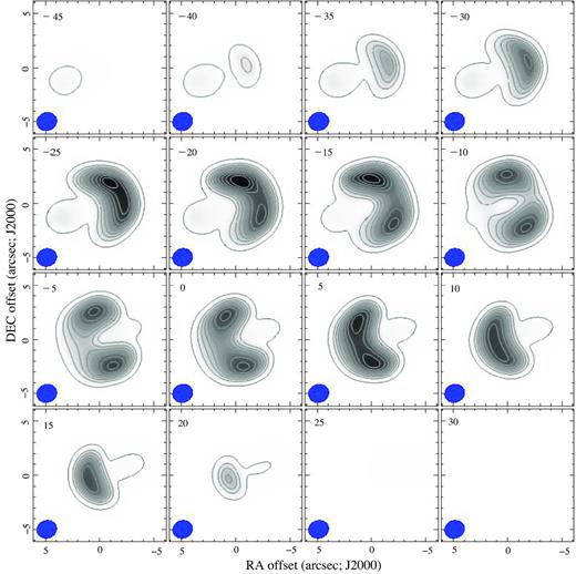 Synthetic contour maps of the CO emission obtained with shape which globally fit with the observations presented in Fig. 7.