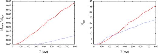 Left: Temporal evolution of mass of the IMBH for models BH-BIN (solid red line) and BH (dotted blue) under assumption that all close encounters of stars and compact objects contribute to the mass of the IMBH. Right: Cumulative distribution of close encounters of stars (dotted blue line) and compact objects (solid red) with the IMBH in model BH-BIN.