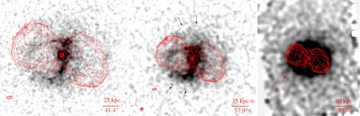 Left: The combined background-subtracted, exposure-corrected Chandra image of 3C 88 in the 0.5–3.0 keV band, smoothed with a 2D Gaussian 9-pixel kernel (0.492″/pixel) and overlaid with the VLA 1.4 GHz radio contours (in red as in Fig. 1). The X-ray point sources have been removed and filled with the local background. The radio contours show a narrow jet, two bright radio lobes, and hotspots on each side of the radio nucleus. The prominent eastern X-ray cavity does not fully overlap with the brightest part of the radio lobe. Middle: The same Chandra image as in the left panel smoothed with a 2D Gaussian 8-pixel kernel (0.984″/pixel). The image shows the prominent cavity to the east of the central AGN, the surrounding bright rims, and the edges associated with the cavity. X-ray decrement to the west is also likely in the position of the radio lobe. Right: The same Chandra image further zoomed out, smoothed with a 2D Gaussian 5-pixel kernel (3.936″/pixel), to show the elliptical edge just outside of the radio lobes. It is identified as a weak shock in this paper.