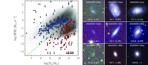 Left: comparison of all host galaxies in our sample (coloured symbols) with the MPA-JHU Galspec galaxies (grey contours) in the M⋆ − SFR plane. The green line shows our division between actively star-forming galaxies (blue symbols) and passive galaxies (red symbols), corresponding to a ${\rm \log (sSFR)} \lt -11~{\rm yr}^{-1}$. Right: PanSTARRS images for a sample of host galaxies, demonstrating the diversity of our host galaxy sample. The image scale corresponds to a proper distance of 20 kpc on a side. The numbers in parentheses are log (M⋆/M⊙) and log (SFR), respectively. The images are ordered such that the stellar mass is increasing rightward, and the SFR is increasing upward.