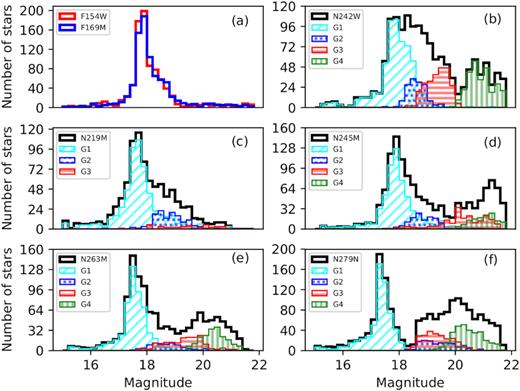 The magnitude distribution of the cluster members of NGC 2808 through various AstroSat-UVIT filters. The total number of stars in each magnitude bin for NUV filters has been decomposed into various sub-groups of stars based on the classification from the CMD of N242W-N279N versus N242W (see Section 3.3.2). Note that ${\sim }60{{\ \rm per\ cent}}$ of the total stars are detected in these two filters. The numbers of stars corresponding to each of the four sub-groups have been overplotted for each NUV filter. The histogram in panel (a) shows the magnitude distribution of both the FUV filters, while panels (b), (c), (d), (e), and (f) exhibit the magnitude distributions through the NUV filters N242W, N219M, N245M, N263M, and N279N, respectively.