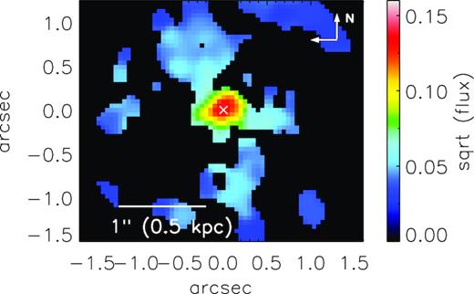 H2 1-0 S(1) 2.12 $\hbox{$\mu $m}$ line flux map. The white cross indicates the likely position of the AGN, identified as the peak in the Brγ narrow emission.