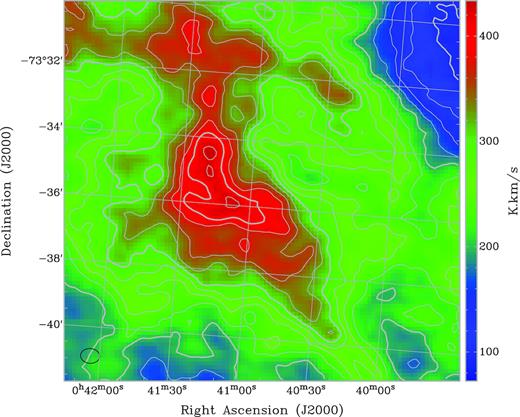An integrated H i moment map towards SNR DEM S5 obtained with the ASKAP and Parkes telescopes (McClure-Griffiths et al. 2018). The map is integrated over two channels (8 km s−1) centred at a heliocentric velocity of 100 km s−1. The contours are spaced at intervals of 25 K km s−1 starting at 75 K km s−1. Bold contours are at intervals of 100 K km s−1 starting at 100 K km s−1. A colour bar is shown on the right-hand side and the beam size is shown at the bottom left.