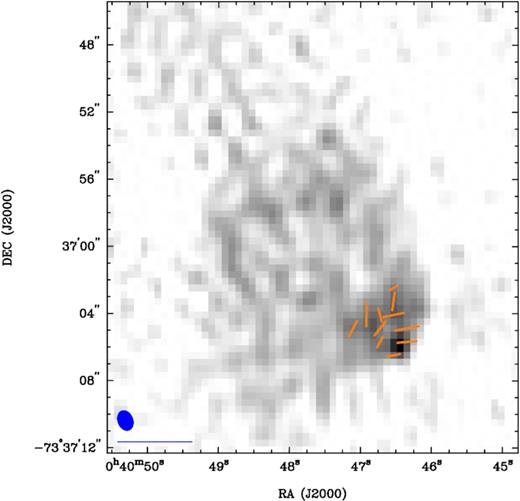 Fractional polarization vectors overlaid on the 5500 MHz ATCA image of DEM S5 PWN. The blue ellipse in the lower left corner represents the synthesized beamwidth of 1.2 × 0.89 arcsec and the blue line below the ellipse represents a polarization vector of 100 per cent. We used robust = –1 weighting scheme to make this image. The peak fractional polarization value is P = 32 ± 7 per cent while the average polarization is measured to be ∼23 per cent.