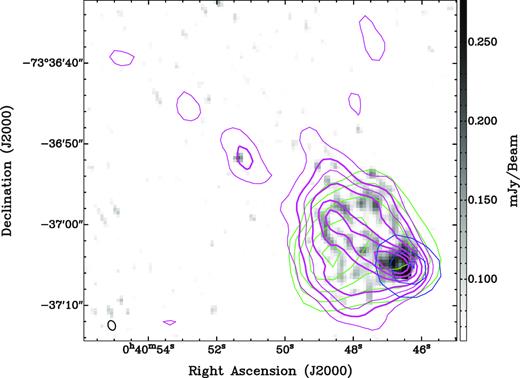 A zoomed in image of the point-like source (pulsar) and PWN within DEM S5 showing a comparison between the radio and X-ray wavelengths. The grey-scale image is from the ATCA observation at 5500 MHz, magenta contours are from the 2100 MHz image (0.3, 0.5, 0.7, 1, 1.5, 2, and 2.5 mJy beam−1); green contours are from XMM–Newton (0.2–1 keV; 1.7, 1.9, 2.1, 2.3, and 2.5 × 10−5 cts s−1 pixel−1); and blue contours are the XMM–Newton (2–4.5 keV; levels are 1.1, 1.3, and 1.4 × 10−5 cts s−1 pixel−1). The black ellipse in the lower left corner represents the synthesized beamwidth of 1.2 × 0.89 arcsec. An rms noise at 5500 MHz image is 0.013 and 0.1 mJy beam−1 at 2100 MHz image.