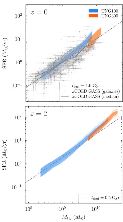 Relation between molecular gas mass and SFR at z = 0 (top) and z = 2 (bottom). In the top panel, the grey points show individual galaxies from xCOLD GASS (Saintonge et al. 2017), and the solid line and shaded region show their median and 68 per cent scatter, respectively. IllustrisTNG matches the median relation well, to better than a factor of 2 at all masses. In TNG300, the scatter is smaller than the variation due to the H i/H2 models. The relation closely approximates a constant depletion time as parametrized by Tacconi et al. (2018, dashed grey lines).