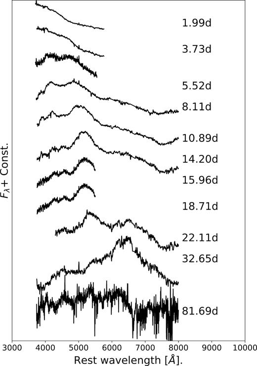 A temporal series of spectra of the transient. The time (in the rest frame) from explosion, t, is given for all spectra. The spectra are in the rest frame, corrected for foreground Galactic extinction and host-galaxy subtracted. This first spectrum appears to have no contribution from the SN component.