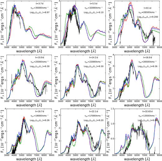 Spectral models produced with 56Ni abundances. The best-fitting blue model has a 56Ni abundance of ∼0.4 per cent, or a 56Ni mass fraction XNi of 0.004; note that this is the mass fraction relative to the total ejected mass. The red model has a 56Ni abundance which decreases as velocity decreases, and the green model has the opposite trend.