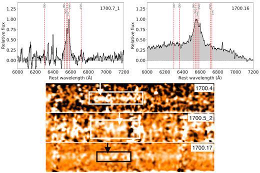 Gemini GNIRS spectra of the five IRAC IDs with positive detections. Top: 1D spectra for 1700.7_1 and 1700.16. The vertical axis represents the flux relative to the maximum flux, and the horizontal axis is the observed wavelength normalized by a factor of (1 + z). Each spectra is continuum subtracted and the vertical dashed lines represent prominent spectral lines fit to each of the spectra. Bottom: 2D spectra for 1700.4, 1700.5_2, and 1700.17. The boxes represent the same range in wavelengths as plotted in the 1D spectra. There are strong sky line residuals in the regions surrounding the spectral lines.