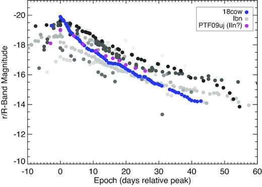 Light curve of AT 2018cow (blue) compared to other SNe Ibn (shades of grey) and the Type IIn PTF09uj (magenta).