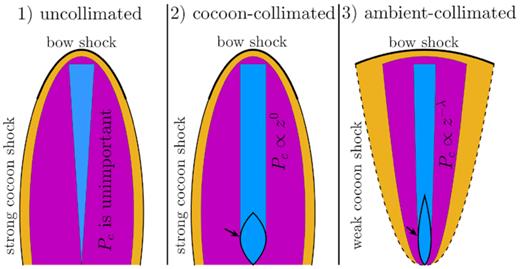 Possible regimes of jet collimation. The jet, cocoon, and shocked ambient mediums are coloured blue, purple, and yellow, respectively. The collimation shock is indicated with an arrow. In the cocoon-collimated case, the cocoon pressure Pc is spatially uniform, but in the ambient-collimated case, it is a power law in the height z.