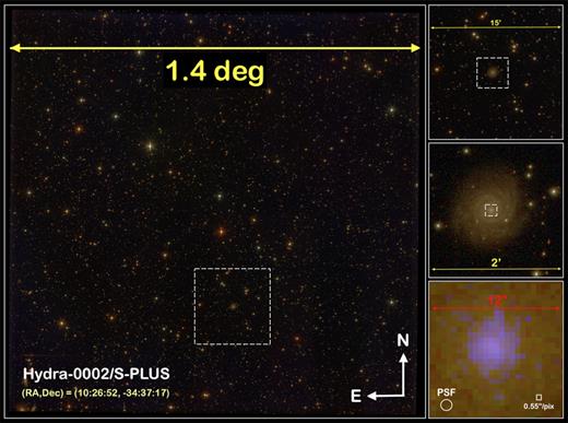 Example of an S-PLUS field, illustrating the potential of combining a very wide FoV telescope with a 9232 × 9216 10 $\mu$m-pixel array CCD detector. The large image on the left shows the full S-PLUS FoV. The right-hand panels show consecutive zoom-in images of the centre of the Hydra cluster (15 arcmin on a side, top panel), of one galaxy (2 arcmin on a side, middle panel), and of a galaxy bulge (12 arcsec on a side, bottom panel).
