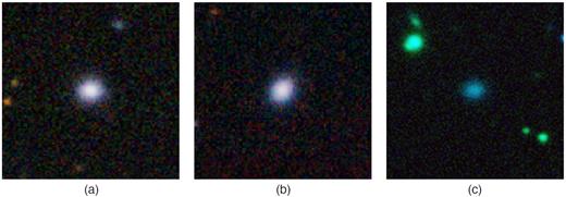 Representative LBS galaxies (GAMA IDs G300372, G418795, and G417568) in their original three-colour (giH) classification images. Classification images are 30 kpc on a side in size (Moffett et al. 2016a), and all images are scaled using the same algorithm (tanh scaling) such that scaling differences reflect the changing dynamic range in each image (for example, the scaling in the far right panel is affected by a nearby bright point source).