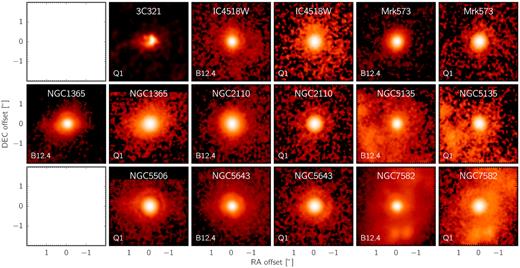 VISIR B12.4 ($12.47 \pm 0.5 \, \mu \mathrm{m}$) and Q1 ($17.65 \pm 0.44 \, \mu \mathrm{m}$) images of the central $4 \times 4\,{\rm arcsec}^2$ region of the observed AGN. The colour scaling is logarithmic in all images except for 3C 321 (where it is linear) with black corresponding to the background level of the image and white to the brightest pixel. All images where slightly smoothed with a Gaussian kernel with $\sigma =1\,$ pixel.