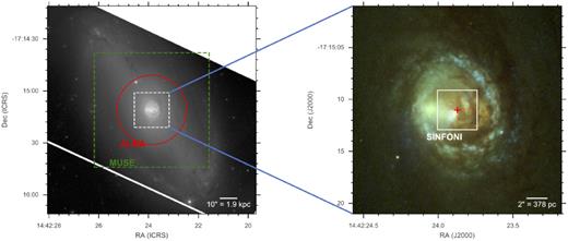 NGC 5728 as observed by HST/WFC3. The left-hand panel is a greyscale image of only the F814W observation to highlight the primary bar and bright circumnuclear region. The right-hand panel is a three colour zoom-in of the region outlined by the white dotted box in the right-hand panel. Red, green, and blue colours are from the F814W, F438W, and F336W filters. In the left-hand panel, the green dashed line indicates the FOV of the MUSE observation while the red circle indicates the FOV of the ALMA observation. The white box in the right-hand panel indicates the FOV for the SINFONI observations and the red cross shows the position of the AGN from VLBI (see Section 2.5). In both panels, North is up and East is to the left.