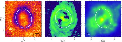 Comparison between the stellar velocity dispersion (left), CO (2–1) flux (middle), and H α flux (right). The white ellipse plots the location of the lowered stellar velocity dispersion in each of the panels to the show the spatial correspondence between the decreased stellar dispersion and the rings of molecular gas and ongoing star formation. Colours in each panel are the same as what is shown in Figs 4 and 3.