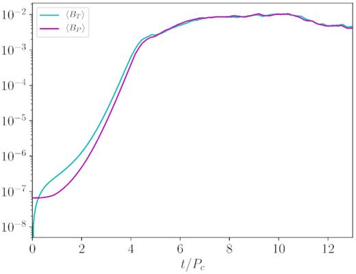 The time evolution of the average values of the toroidal $B_T=\sqrt{B^\phi B_\phi }$ and poloidal $B_P=\sqrt{B^2 - B_T^2}$ components of the magnetic field.