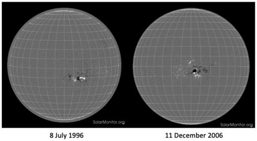 File magnetograms for the two regions under study, courtesy SolarMonitor.