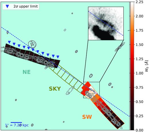 Mg iiW0(2796) map in the absorber (de-lensed) plane. Each spaxel is 3 × 6 kpc2. SKY slit positions with no source illumination are shown transparent. Upper limits (2σ) in the NE slit are indicated with blue triangles). The dashed line indicates the projection of G1’s semimajor axis at PA = 55° N to E. The inset shows an image from the HST F814W band in the absorber plane.