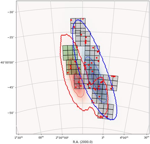 Footprints of the VST r-band observations over the contours of both the initially distributed BAYESTAR and refined LALinference sky localization maps of GW 170814. Each small square represents a VST observation. The blue and red external contours are the initial localization and refined map at 90 per cent confidence level, respectively. The inner contour lines represent the enclosed probabilities of 50 per cent and 10 per cent confidence level, respectively. The tiles in light green are observed since the third epoch.