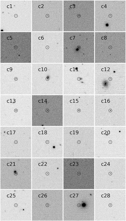 First 28 transient candidates found with the VST in $99\, {\rm deg^2}$ covering the GW170814 error area. Each image has a size of 1 arcmin x 1 arcmin and is extracted from the original images at the epoch of the brightest magnitude.