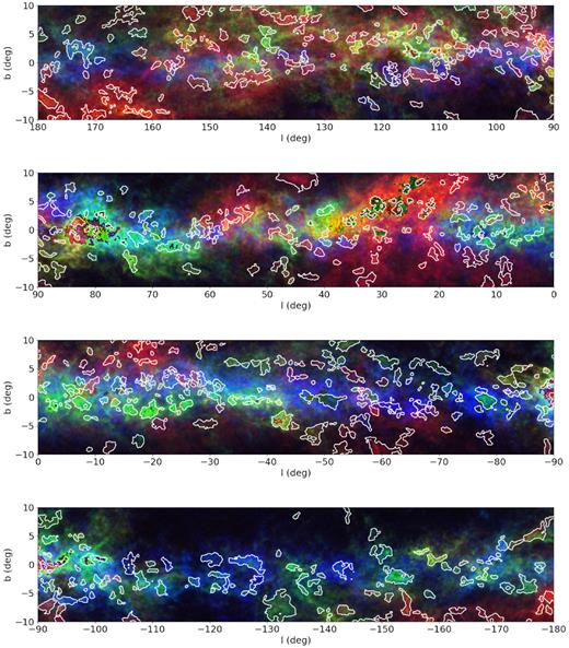 Distributions of the molecular clouds identified in this work in the Galactic coordinates. The background three-colour composite images illustrate the 3D distributions of dust in the Galactic disc from Paper I. The red, green, and blue scales show the distributions of the colour excess δE(GBP − GRP) in distance slices 0–1000 pc, 1000–2000 pc, and 2000–5000 pc from the Sun, respectively. The white polygons mark the l and b boundaries of the individual molecular clouds identified in this work.