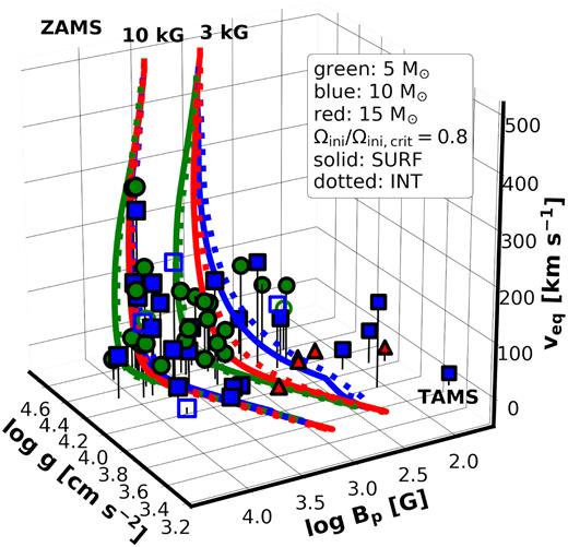Shown are the surface equatorial rotational velocities, the dipolar magnetic field strength, and the logarithmic surface gravities of the observed stars and model predictions. The observations are separated into three mass bins: 5 (green circles), 10 (blue squares), and 15 (red triangles) M⊙. Models with Ωini/Ωini,crit = 0.8 and Bp,ini = 3 and 10 kG are shown. Known short-period binaries are shown with open symbols.