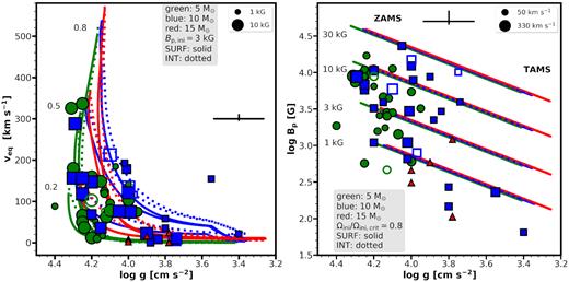 Shown are the surface equatorial rotational velocities (left-hand panel) and dipolar magnetic field strengths (right-hand panel) versus the logarithmic surface gravities. The colours follow the description of Fig. 4. The mean errorbars are indicated to the centre right and top, respectively. Markers vary in size corresponding to the measured dipolar field strength of observed stars (left-hand panel) or the surface equatorial rotational velocities (right-hand panel). Left-hand panel: Models with Ωini/Ωini,crit = 0.2, 0.5, 0.8 and an initial polar magnetic field strength of 3 kG are shown. Right-hand panel: Models with Ωini/Ωini,crit = 0.8 and an initial polar magnetic field strength of 1, 3, 10, and 30 kG are shown.
