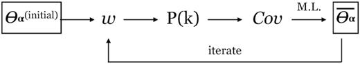 A simple diagram describing the iterative procedure for the estimation of the power spectra. In the first step, the MTOE weights are computed given an initial set of parameters $\theta _{\alpha }^{(\mathrm{ initial})}$ (i.e. the galaxy biases, matter power spectrum, and matter growth rate). We then use these weights to compute the monopoles of the power spectra of each tracer for each mock. The monopoles of the mocks are then used to determine their covariance matrix. With that covariance matrix we are able, by means of maximum likelihood techniques (i.e. MCMC or χ2 minimization), to find updated best-fitting values for the parameters, which can then be used to re-compute the weights and start the process over again. The process is iterated until it converges.