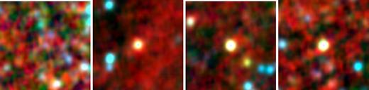 VHzQs with interesting MIR properties. The thumbnails are the RGB colour outputs using the AllWISE W1W2W3 bands from the IRSA WISE Image Service, with a scale of 120 arcsec on the side. (a) SDSS J0927+2001 is the bluest in (W1–W2) colour quasar. (b) UHS J0439+1634 was discovered by Fan et al. (2019b) and is a strongly lensed quasar at z = 6.51. (c) SDWISE J0306+1853 has w3mpro = 15.66 ± 0.1 (AB) and w4mpro = 14.25 ± 0.16 (AB). (d) SDSS J0100+2802 is the Wu et al. (2015) object.