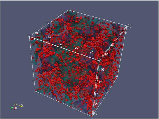 A realization of the cosmic matter distribution as a Gaussian random field in a cube of the side length 100 Mpc h−1. The blue and green surfaces are ±1σ contours of the density field, and the orientation of the galactic discs (in red) follow from a quadratic, angular momentum–based alignment model.
