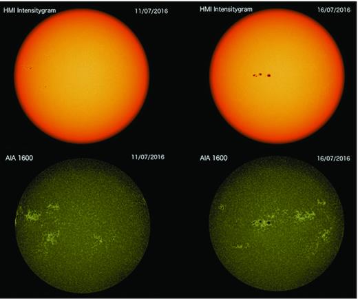 SDO/HMI images of the Sun from two different dates highlighting the extended unassociated facular regions. The images show two filters chosen to better view each type of activity, with the spots clearly seen in the HMI intensitygram (top panels) and the faculae most visible in the AIA 1600 (bottom panels). The left-hand panels (taken from the 2016 July 11) clearly shows that faculae, with little to no associated spots, rotates into view first. A few days later on 2016 July 16 (right-hand panels) an extended spot group then rotates into view and is offset from the major facular region.