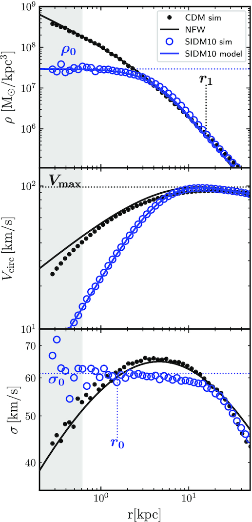 Density (top), circular velocity (middle), and radial velocity dispersion (bottom) profiles for a low mass ΛCDM halo (black) and its SIDM counterpart evolved assuming ssi = 10 cm2 g−1 (blue). Thin solid black lines correspond to the best NFW fit to the ΛCDM halo profiles. Thin solid blue lines indicate the best-fitting SIDM profile, computed as described in Section A1. Some of the characteristic halo parameters are indicated in the profiles, such the central SIDM density, ρ0; core radius, r0; and central velocity dispersion, σ0. The characteristic r1 radius (equation A2) and maximum velocity, Vmax, of the NFW fit are also indicated. The grey area indicates the region inside the Power et al. (2003) convergence radius.